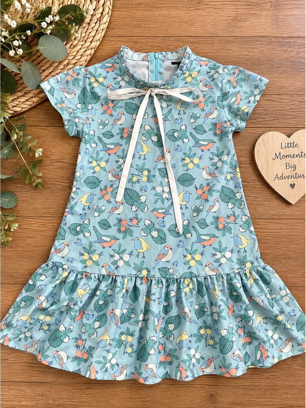 Women’s Blue Floral and Bird Print Dress with Bow Tie